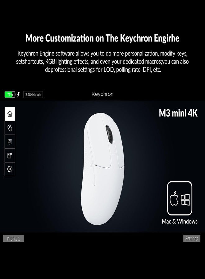 كيشرون ماوس Keychron M3 Mini 4K لاسلكي بتقنية بلوتوث 5.1/2.4 جيجاهرتز/سلكي بصري، خفيف الوزن للغاية (55 جرامًا)، مزود بمستشعر PixArt 3395 قابل للبرمجة بدقة تصل إلى 26000 نقطة في البوصة/650 بوصة في الثانية، متوافق مع أنظمة ويندوز وماك ولينكس - أبيض - Image 2